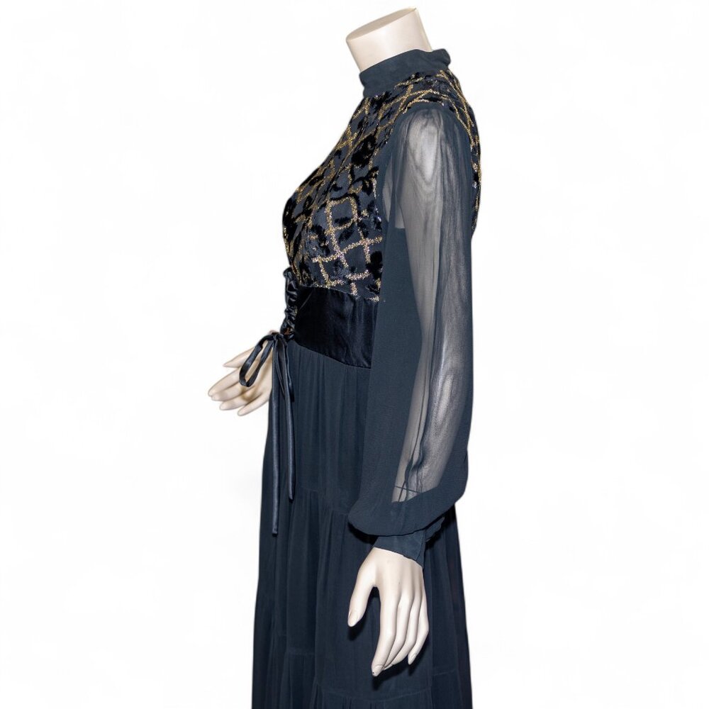 Vintage 70s Shubette of London Velvet Devore Prairie Gothic Maxi Dress * Medium - Picture 10 of 13